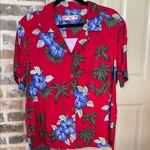 Caribbean Joe Red Aloha Hawaiian Shirt Purple Hibiscus & Green Palm Trees